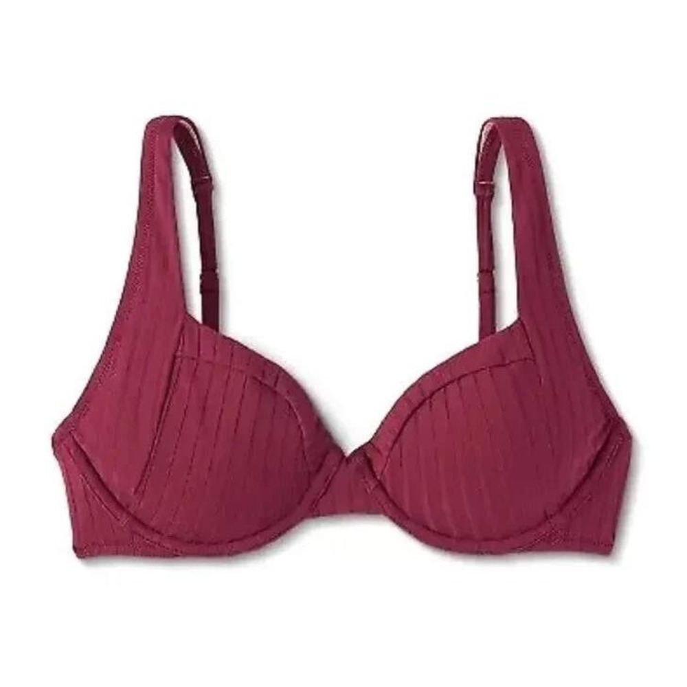 Shade & Shore Burgundy Ribbed Underwire Bikini Set V-Front High‎ Leg Swimsuit - Picture 6 of 8